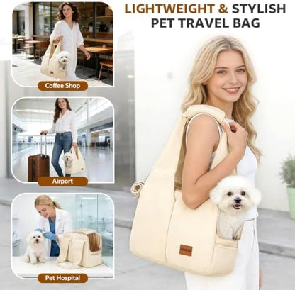 Dog Purse Carrier for Small Dogs and Cats, Soft-Sided Pet Tote Bag with 6 Large Pockets, Collapsible Travel Puppy Carrier, Fits Pets up to 13 lbs (Beige, 15.7" L x 8" W x 11.8" H) - Image 6