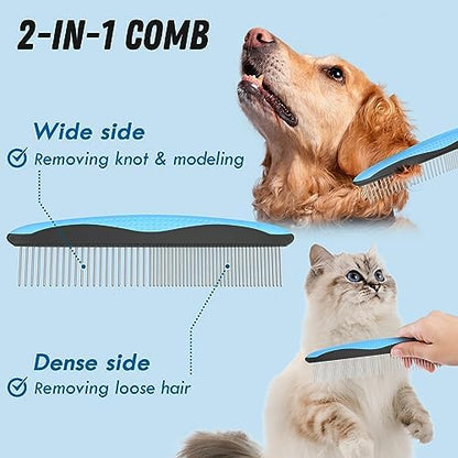 Docrok Pet Grooming Combo - Blue Deshedding Brush with Metal Comb for Detangling and Dematting Long, Matted Fur on Cats and Dogs - Image 3