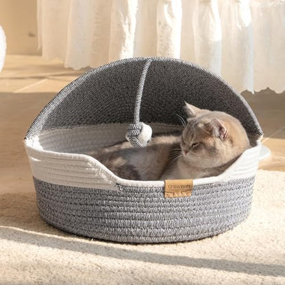 CHEERPALS Cat Basket Bed with Washable Cushion and Ball Rope Cotton, Covered Pet Bed for Indoor Cats Cave Bed Hooded, Stimulicat Cat Bed Handwoven Breathable, All Season Universal(Blue) - Image 2