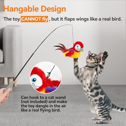 Cat Toys Flapping Bird(Cannot Fly), Electric Simulated Chirping Bird Interactive Kitten Toy with Flappy Wings, Rechargeable Touch Activated Toy with Catnip and Feather for Indoor Cats - Red - Image 4