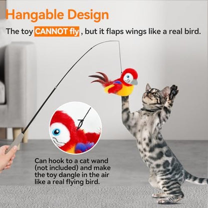Cat Toys Flapping Bird(Cannot Fly), Electric Simulated Chirping Bird Interactive Kitten Toy with Flappy Wings, Rechargeable Touch Activated Toy with Catnip and Feather for Indoor Cats - Red - Image 4