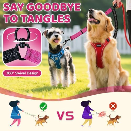Double Dog Leash Coupler-360° Swivel, No Tangle Dual Walking Leash Attachment with Adjustable Strap & Reflective Shock Absorbing Bungee, Split Lead for Two Different Size Dogs - Image 2