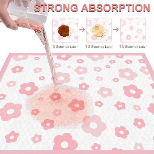 Pink Floral Dog Pee Pads, 23''x30'', 40 Count Leak-Proof Puppy Pads for Potty Training, Quick-Dry & Adhesive Tabs, Cute Flower Print for Small/Medium Dogs with Attractant - Image 3