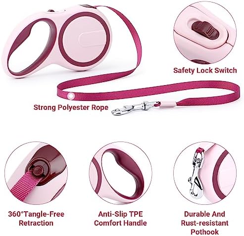 Segarty Dog Retractable Leash, 16ft Heavy Duty Walking Dog Leash for Medium Small Pet up to 44lb, Anti-Slip Handle 360°Tangle-Free Nylon Tape, 1-Handed 1 Button Lock and Release (Pink Wine) - Image 3