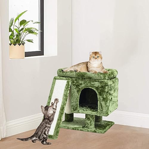 YANDLVY Small Cat Tower for Cats, Cute Cat Tree for Indoor Cats, Kittens Condo with Scratching Post and Board, Cat Cave, Modern Cat Activity House with Plush Perch (Green) - Image 4
