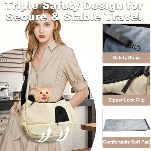 Dog Sling Carrier for Small Pets, Cat Sling for Kitten and Puppy up to 7 lbs, Breathable Cat Pouch Pet Purse with Soft Mat, Hands-Free Pet Carrier with Safety Harness and Pockets for Travel, Yellow - Image 4