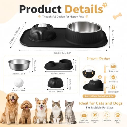 2-in-1 Dog Licking Bowl with Rolling Ball, Stainless Steel Dog Bowls & No-Spill Silicone Lick Mat for Dogs, Wet Dry Separation Dog Slow Feeder Puzzle Licking Toy for Dogs and Cats - Image 6