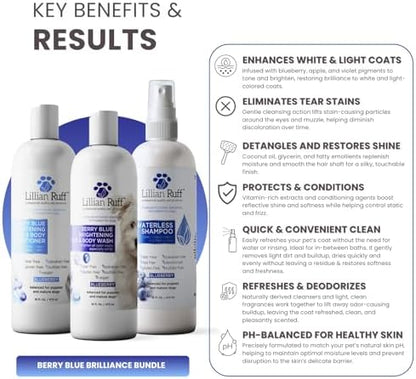 Lillian Ruff PRO Formula Berry Blue Brilliance Bundle - Ultimate Tear Stain & Odor Eliminator Set, Includes Berry Blue Shampoo, Conditioner & Waterless Shampoo, Hydrate, Soften & Detangle, USA Made - Image 3