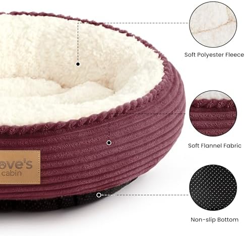Love's cabin Round Donut Cat and Dog Cushion Bed, 20in Pet Bed for Cats or Small Dogs, Anti-Slip & Water-Resistant Bottom, Super Soft Durable Fabric Pet beds, Washable Luxury Bed Burgundy Stripe - Image 2