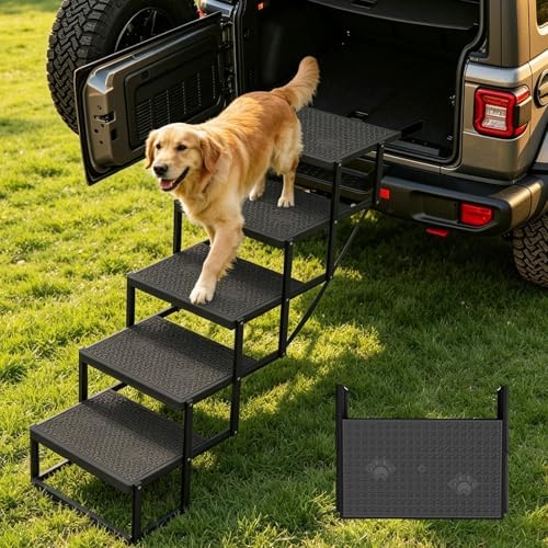 Dog Steps for Car, 5 Steps Foldable Dog Stairs for Large Dogs with Upgraded Non-Slip Surface, Pet Ramp Alternative, Heavy-Duty Plastic Pet Stairs for Vehicles, SUV, Truck, Lightweight & Portable by Unknown
