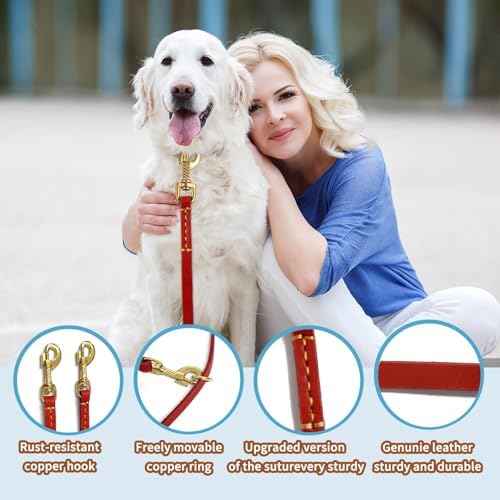 LWBMG Multi Function Leather Dog Leash - 8ft Genuine Leather Hands Free Double Ended Dog Training Leash for Small to Large Dogs - Red - Image 3