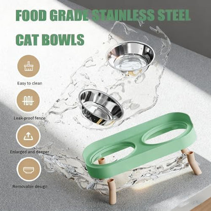 Elevated Cat Bowls, 2 Stainless Steel Raised Cat Food and Water Bowl Set, Splash Proof & Non-Slip, Whisker Fatigue Friendly, Dishwasher Safe for Cats and Small Dogs - Green - Image 4