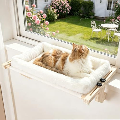 Cat Sill Window Perch - 100% Natural Pine Frame, Soft Plush Fleece, Tool-Free Adjustment, Supports 50 lbs (Large-White) by Famifit