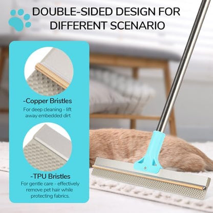 Carpet Rake for Pet Hair Removal, 2 in 1 TPU and Copper Rake Teeth, Adjustable Long Handle, Double-Sided Reusable Dog Cat Fur Remover with Hair Removal Glove, Pet Fur Rake for Rugs, Mats - Image 2