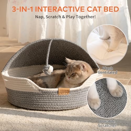 CHEERPALS Cat Basket Bed with Washable Cushion and Ball Rope Cotton, Covered Pet Bed for Indoor Cats Cave Bed Hooded, Stimulicat Cat Bed Handwoven Breathable, All Season Universal(Blue) - Image 5
