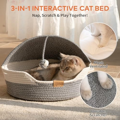 CHEERPALS Cat Basket Bed with Washable Cushion and Ball Rope Cotton, Covered Pet Bed for Indoor Cats Cave Bed Hooded, Stimulicat Cat Bed Handwoven Breathable, All Season Universal(Blue) - Image 5