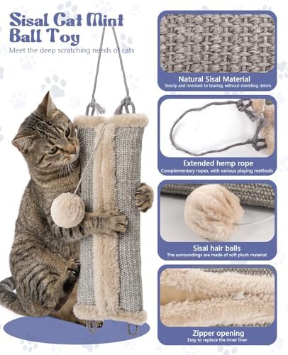 16.5" Sisal Catnip Kicker Toy for Indoor Cats,Heavy Duty Cat Scratching Pillow with 24" Bonus Rope,Washable & Refillable Catnip Toy for Aggressive Kickers,Chewing & Teething, Sisal Mat Texture (Grey) - Image 3