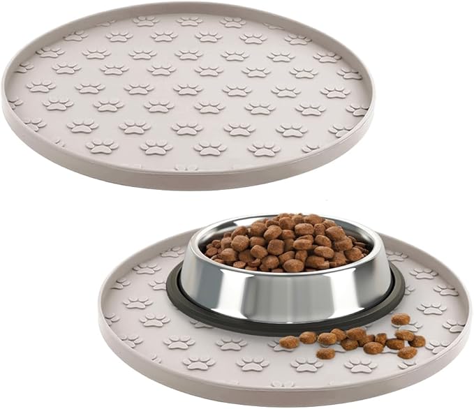 Pet Feeding Mats for Food and Water, Waterproof Anti-Slip Placemats for Dog Cat Bowl, 2 Pack Silicone Pet Food Mat, Dishwasher Safe 10.9 × 10.9 (2 Beige, Small Paws)