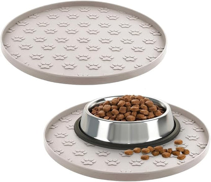 Pet Feeding Mats for Food and Water, Waterproof Anti-Slip Placemats for Dog Cat Bowl, 2 Pack Silicone Pet Food Mat, Dishwasher Safe 10.9 × 10.9 (2 Beige, Small Paws)