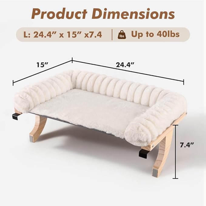 Cloud-Soft Cat Window Sill Perch with Zipper Designed Cushioned Bed, Supportive Cat Window Seat with Premium Solid Wood & Sturdy Metal Frame, Pet Hammock Bed for Large Cats (Large, White)
