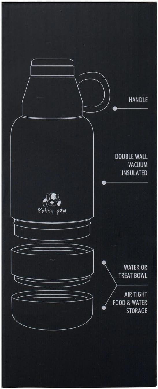 Petty Paw Dog Travel Water Bottle 32 oz Portable Stainless Steel Pet Water Bottle with Detachable Bowl for Dogs Leak Proof for Walking, Hiking, Camping