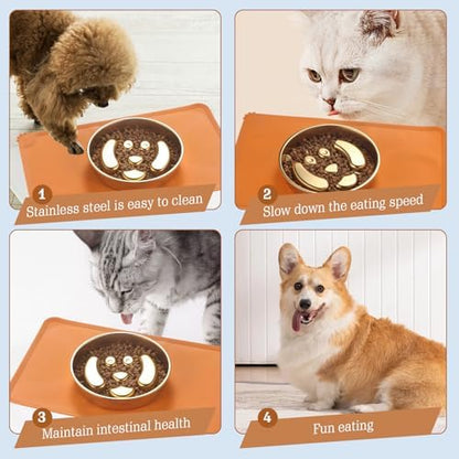Golden Stainless Steel Slow Feeder Dog Bowls – Non-Slip Metal Dog Bowl for Large & Medium Breeds, Puppy Puzzle Feeder – 2 Cup for Small to Big Pets – Durable Slow Feed Dog & Cat Food Dish with Mat - Image 6