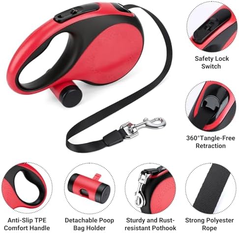 Segarty 26 Ft Walking Lead with Poop Bag Holder for Pet 66 lbs - 110 lbs, 8m Heavy-Duty Retractable Long Leash 360°Tangle-Free with Anti-Slip Handle, One-Handed Brake Pause Lock for Medium Large Dogs - Image 3