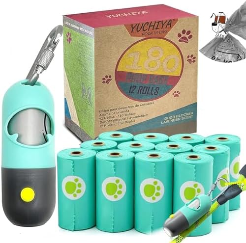 Dog Waste Bags Holder with LED Flashlight Doggie Poop Bags Dispenser with 13 Rolls Leak-Proof Pet Trash Bags Rechargable USB Cable (Mint Green) by YUCHIYA