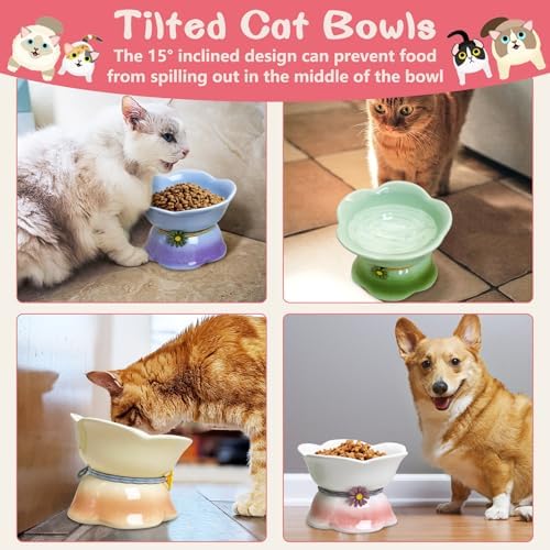 Kathson 4 Pcs Ceramic Raised Cat Food Bowls Elevated Kitty Bowl for Food and Water Anti Vomiting Tilted Cat Bowl for Kittens and Small Dogs Dishwasher and Microwave Safe (8.45 Ounces) - Image 4
