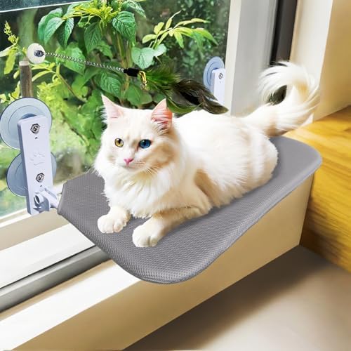 Cat Window Perch Seat Hammock, Foldable Hammock with 4 Strong Suction Cups, Easy to Assemble and Cat Wand,Gray by ZBUQ