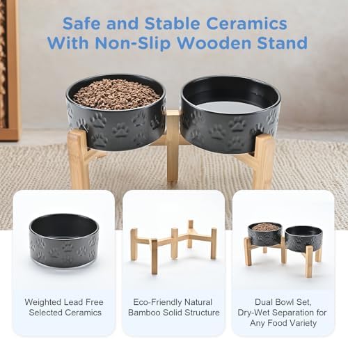 SPUNKYJUNKY Elevated Dog Bowls Ceramic, 6.1'' Dogs and Cat Food Water Bowls Raised with Non-Slip Bamboo Stand for Medium Sized Breed Microwave Dishwasher Safe - 28.7 OZ,Paw Black - Image 6