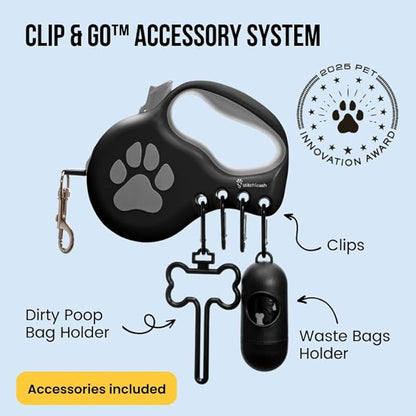 Award-Winning Retractable Dog Leash for Small and Medium Dogs (Max 55 lbs), Clip & Go System with Reflective Tape and Ergonomic Handle, Includes Clips, Poop Bag Holder and Dispenser, Black