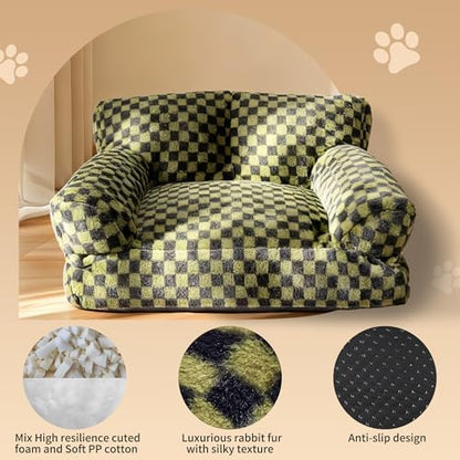 Faux Fur Cat & Dog Sofa Cat Couch Mini Cat Bed Indoor Human Style Pet Sofa, Modern Pet Furniture for Cats, Washable ＆ Removable Cover, for Cats and Small Medium Dogs (Black/Green, Large(30X21 inch)) - Image 2