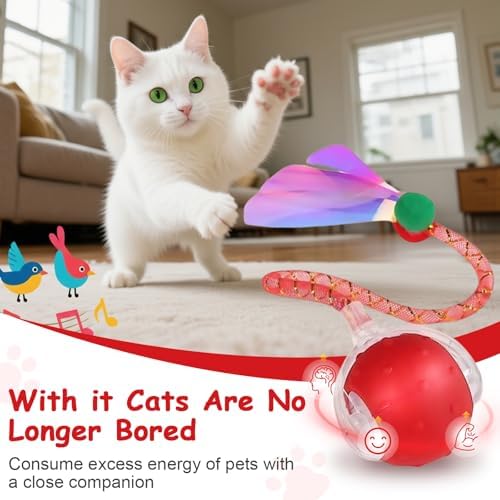 Interactive Cat Toys Smart Ball for Cats & Dogs! Now with 2 Rapid Tails. Features: 360°Auto-Rolling, Motion Activation& Bird Sounds. Perfect for Indoor Pet Exercise & Fun. (Red＆Blue) - Image 2