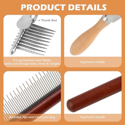 3 Pcs Pet Dematting Comb Set, Undercoat Rake & Stainless Steel Grooming Combs for Dogs & Cats, Serrated Tool to Remove Mats, Knots & Tangles for Wavy, Curly & Long Haired Pets - Image 3