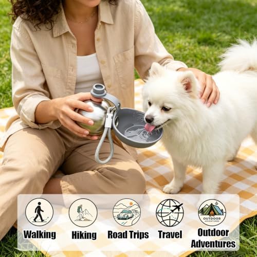 2 in 1 Portable Dog Water Bottle with Foldable Bowl 10oz Gray - Image 2