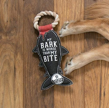 Pavilion Gift Company - My Bark is Worse Than My Bite - 13 Inch Large Canvas Tug of War Shark Shaped Dog Rope Toy - Sturdy & Durable