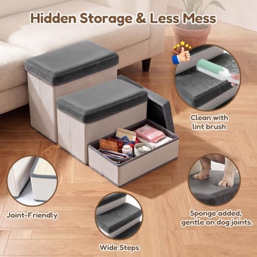 Foldable Pet Stairs & Steps for Bed with Hair Remover Tool - 3-Step Dog Steps for Bed/Couch/Windowsill/Car, Anti-Slip Foam Pet Stairs, Space-Saving Storage Design, Sturdy & Safe Indoor Pet Ramp - Image 6