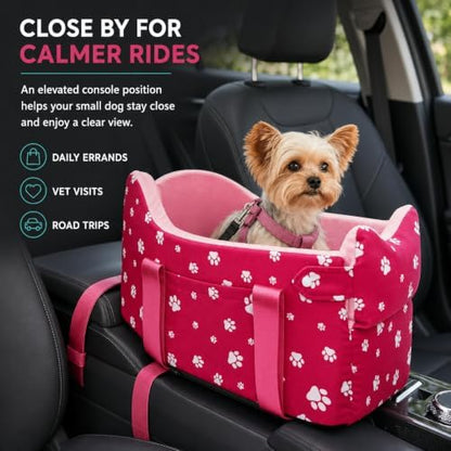 Center Console Dog Car Seat for Small Dogs Under 15 lbs - Detachable Washable Carrier with Safety Belt & Storage Pockets, Pink - Image 2
