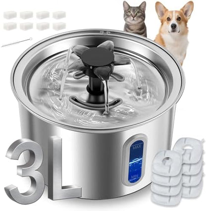 3L/101oz Stainless Steel Cat Water Fountain for Indoor Use - Ultra Quiet Automatic Cat Fountain for Drinking, Pet Water Foutain for Cat with LED Window, Easy to Clean (8 Filters & 8 Sponges) by Unknown