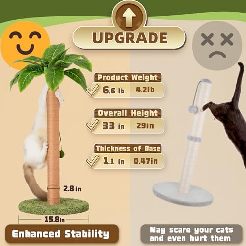 Meowoou Cat Scratching Post 33 Inch Tall Cat Scratcher for Indoor Cats Adults,Small Cat Tree Tower Sisal Rope Kitten Scratch with Interactive Hanging Ball - Image 3