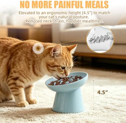 Ceramic Elevated Slow Feeder Cat Bowl - 6" Raised Cat Food Bowl for Bloat Relief & Anti-Vomiting, Whisker Friendly Ceramic Cat Slow Feeder for Indoor Cats, Kittens, Puppies - Azure(1pc) - Image 4