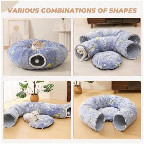 Under Christmas Tree Large Cat Tunnels Bed Tube for Indoor Cats Glows in The Dark Cat Tunnel with Cushion and Plush Ball Toy Toys for Dog Puppy Kitten Rabbit Bunnies Ferret Pet Blue - Image 3