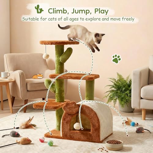 Cactus Cat Tree for Indoor Cats with Cozy Condo Wide Top Perch 27.5", Multi-Level Cat Tower with Climbing and Lounging Space Plush, Toy Ball, Brown - Image 4