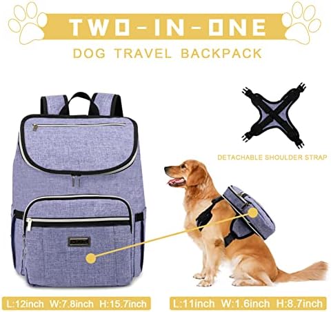 BAGLHER Travel Dog Backpack - Detachable Travel Dog Food Container for Pet Supplies Dog Gear Backpack,Dog Bag for Traveling with 2 Silicone Collapsible Bowls and 2 Food Baskets Purple - Image 2