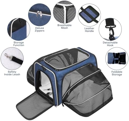 Pet Carrier, Large Soft Sided Expandable Travel Carrier with Steel Frame, Anti-Scratch Mesh, Removable Fleece Pad and Pockets for Cats, Dogs and Small Animals up to 15 lbs (Blue, 5 Sides Expandable) - Image 6