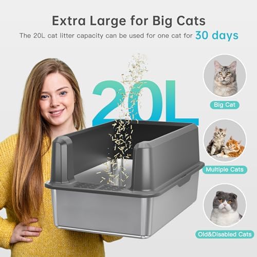 Stainless Steel Cat Litter Box, XL High Sided Open Top Litter Pan, 1 Scoop - Image 3