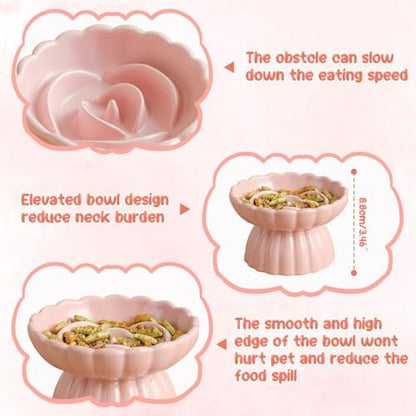 Ceramic Raised Slow Feeder Cat Bowl with Lick Mat, for Indoor Cats and Small Dogs Like Chihuahua, French Bulldog, Poodle,Anti Vomiting for Dry and Wet Food-Pink Bowl+Lick Mat - Image 3