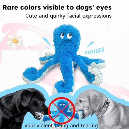 TRAVEYO Blue Octopus Dog Toys with Squeaker，Dog Treat Toys with Soft Rope Tentacles with Treat Hiding Pockets, 14.17 Inches - Image 6