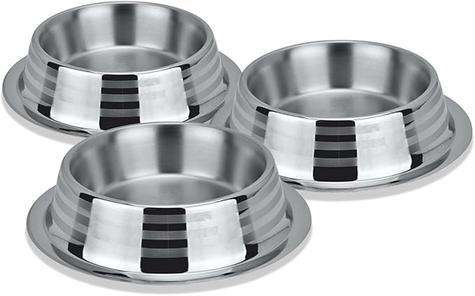 Stainless Steel Dog Bowls - Cat Bowls (Pack of 3) - Anti Skid & Non Tip Dog Water Bowl | Cat Water Bowl Set - Dishwasher Safe - 32 Oz - 950 ml - 23 cm Diameter (Elegant Silver Stripes)